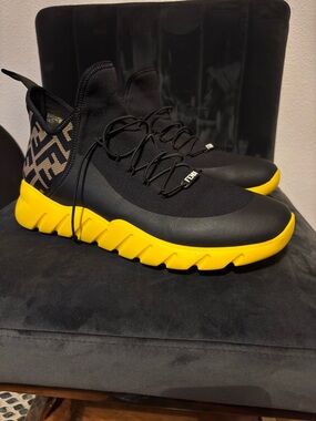 Fendi Zucca Black Knit  Sneakers with Yellow Sole Authentic